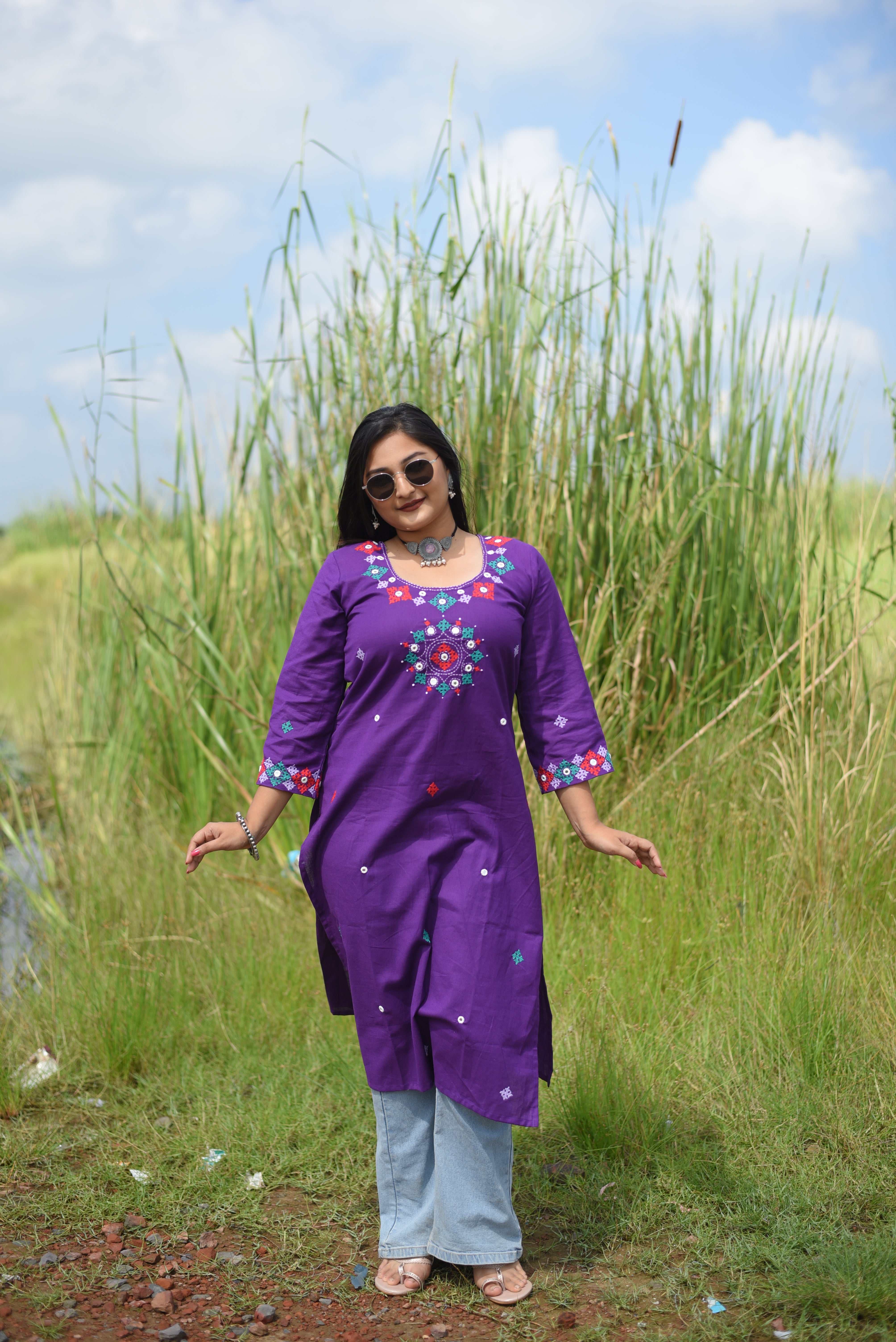 Purple Color Kutch Hand Embroidered Mirror Work Kurta